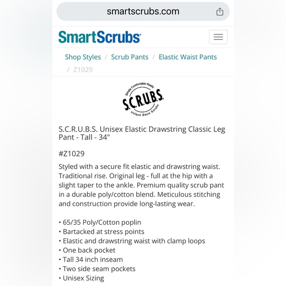 NWT S.C.R.U.B.S. Unisex Elastic Drawstring Classic Leg Pant - Navy - Tall - 34" - Picture 2 of 4